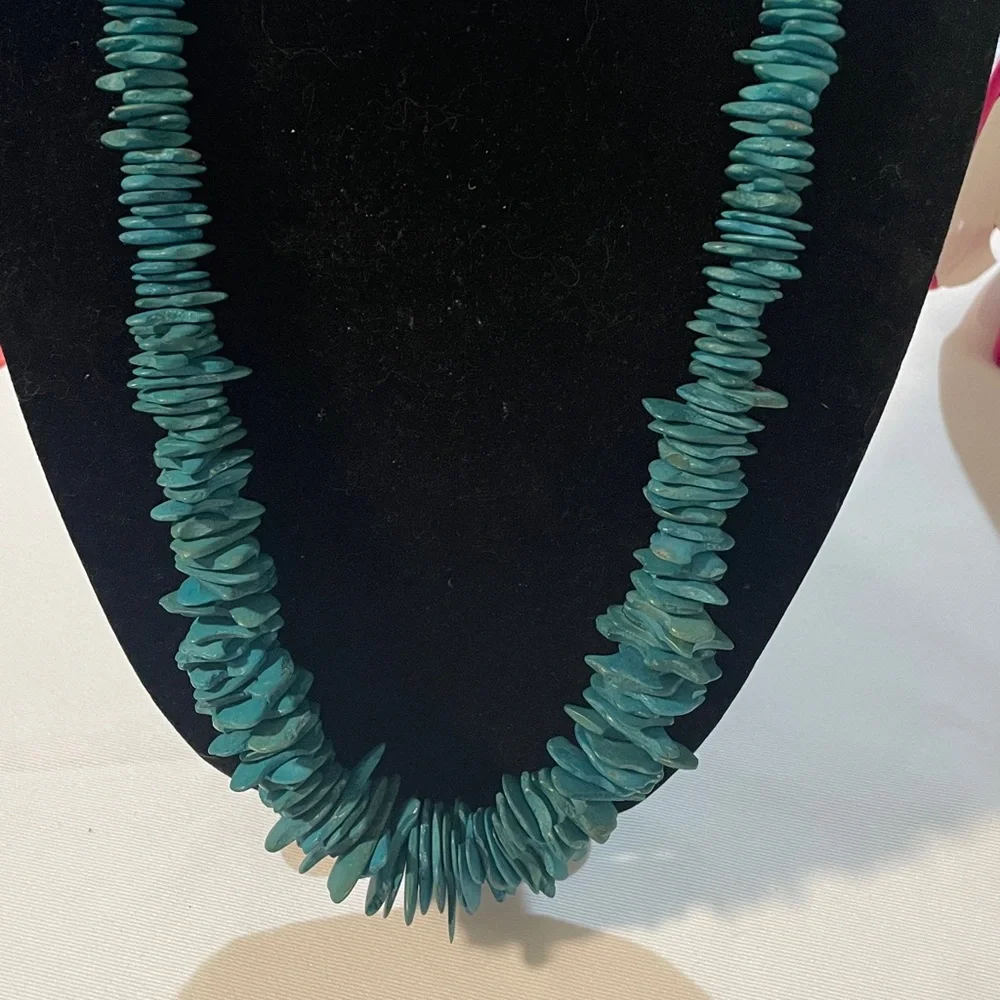 Vintage Teal blue chunky wood chip long necklace